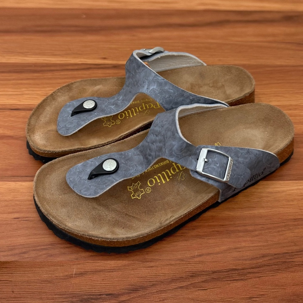 PAPILLIO by Birkenstock Gizeh Printed Bluish Gray Sandals Slides Size 39 L8 M6